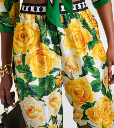 Dolce & Gabbana Floral High-rise Silk Wide-leg Pants In Rose Gialle Fdo Bco