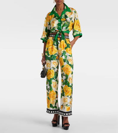 Dolce & Gabbana Floral High-rise Silk Wide-leg Pants In Rose Gialle Fdo Bco