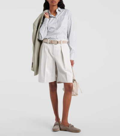 Brunello Cucinelli Oversized Embellished Striped Cotton-gauze Shirt In Bianco/verde