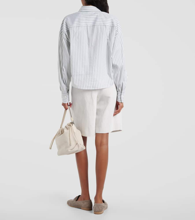 Brunello Cucinelli Oversized Embellished Striped Cotton-gauze Shirt In Bianco/verde