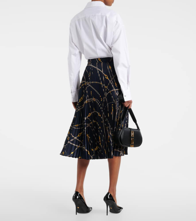 Shop Versace Greca Nautical Plissé Satin Midi Skirt In Blue+gold