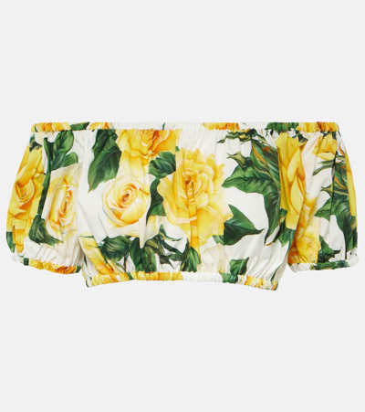 Shop Dolce & Gabbana Floral Off-shoulder Cotton Crop Top In Rose Gialle Fdo Bco