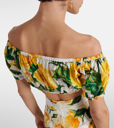 Shop Dolce & Gabbana Floral Off-shoulder Cotton Crop Top In Rose Gialle Fdo Bco