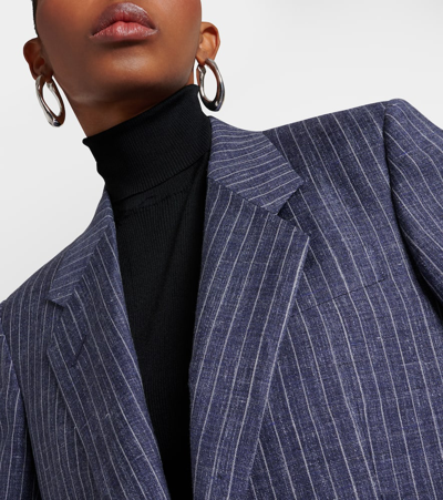 Loro Piana Belia Pinstripe Linen Flannel Blazer In Blue Still Water Pin 