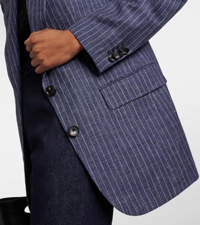 Loro Piana Belia Pinstripe Linen Flannel Blazer In Blue Still Water Pin 