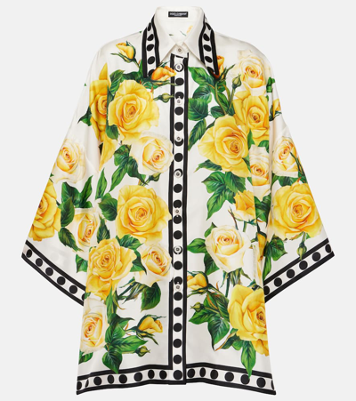 Shop Dolce & Gabbana Oversized Floral Silk Shirt In Rose Gialle Fdo Bco