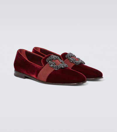 Shop Manolo Blahnik Carlton Embellished Velvet Loafers In Red