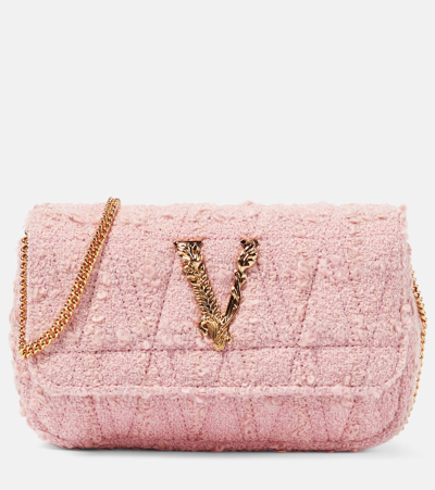 Shop Versace Virtus Mini Tweed Shoulder Bag In Pale Pink Gold