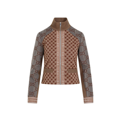 Shop Gucci G Rhombus Jersey Jacquard Jacket In Brown