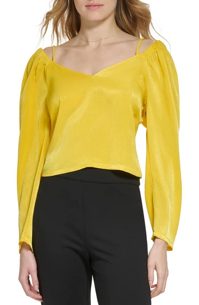 Shop Dkny Off The Shoulder Puff Sleeve Linen Top In Pop Yellow