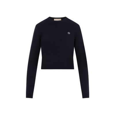 Shop Gucci Logo Embroidered Knit Sweater In Navy