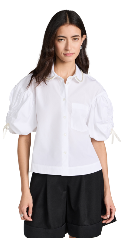 Shop Simone Rocha Beaded Cropped Puff Sleeve Shirt W/ Ruched Bow White/pearl