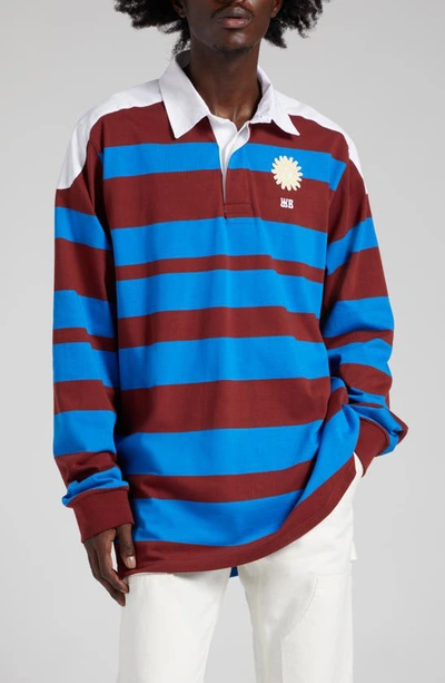 Shop Wales Bonner City Stripe Sun Patch Long Sleeve Oragnic Cotton Polo In Blue And Red
