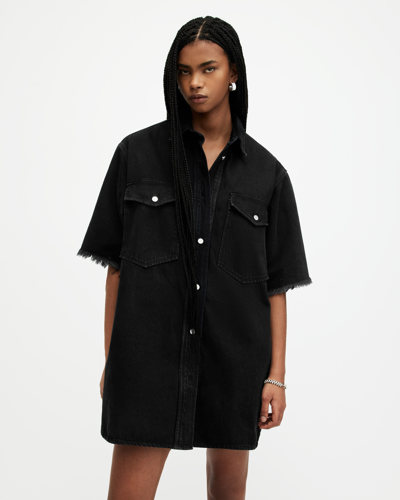 Shop Allsaints Lily Short Sleeve Denim Mini Dress In Washed Black