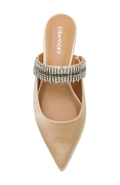 Lisa Vicky Move Crystal Embellished Pointed Toe Satin Flat In Champagne