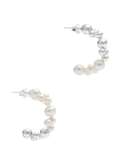 Shop Completedworks Pearl-embellished Sterling Silver Hoop Earrings