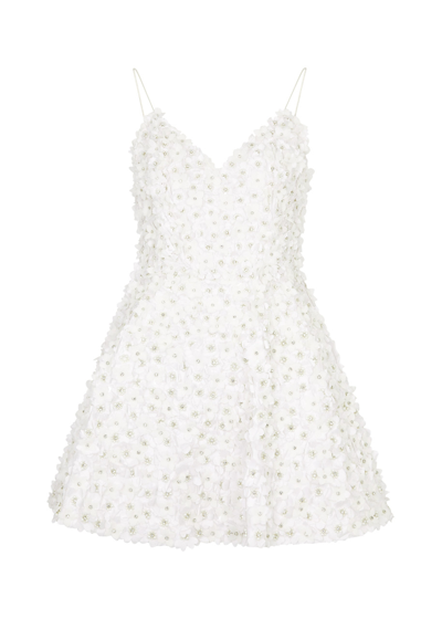Shop Alice And Olivia Domenica Floral-embellished Satin Mini Dress In Off White