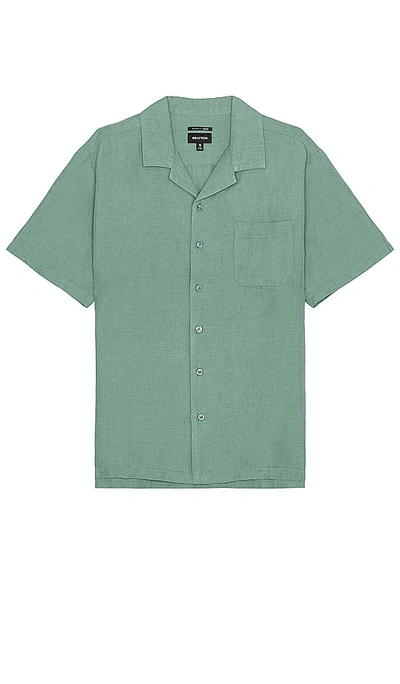 Shop Brixton Bunker Linen Blend Short Sleeve Camp Collar Shirt In Chinois Green