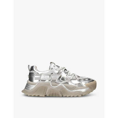 Shop Steve Madden Women's Silver Kingdom-e Chunky Faux-leather And Mesh Trainers