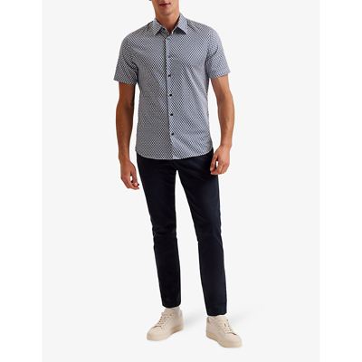 Shop Ted Baker Lacesho Geometric-printed Stretch-cotton Shirt In Navy