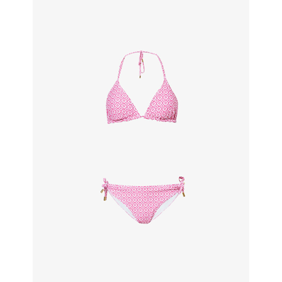 Shop Aspiga Floral-print Stretch Recycled-polyester Bikini Set In Aztec Stamp Pink