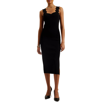 Shop Ted Baker Sharmay Scallop-trim Knitted Midi Dress In Black