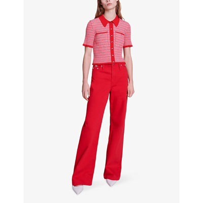 Shop Maje Womens Rouges Herringbone-weave Cropped Knitted Polo Shirt
