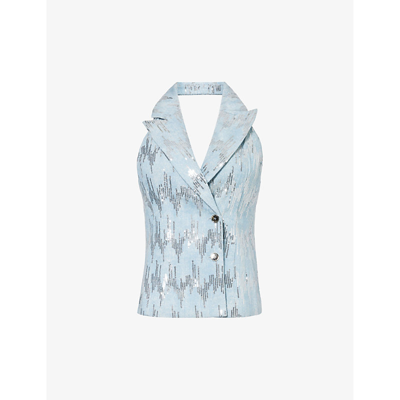 Shop Amy Lynn Sequin-embellished Low-back Denim Waistcoat In Blue