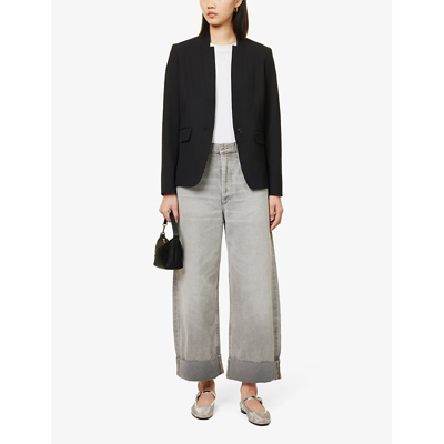 Me And Em Womens Black Collarless Single-breasted Stretch-woven Blazer In Black