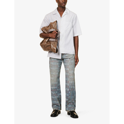 Shop Lanvin Men's Cumin Asymmetric-hem Striped Regular-fit Cotton Shirt