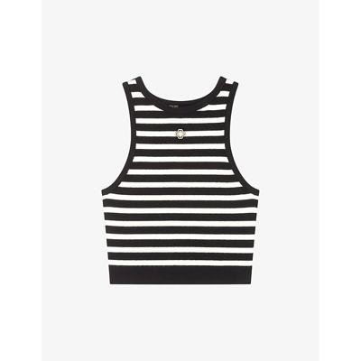 Shop Maje Women's Noir / Gris Stripe-pattern Cropped Stretch-woven Top
