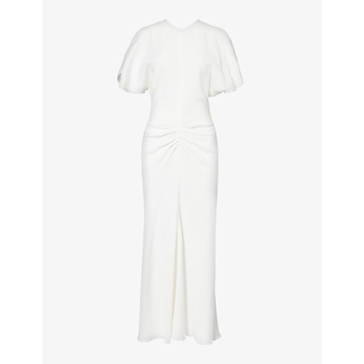 Shop Victoria Beckham Women's Off White Round-neck Ruched Stretch-crepe Maxi Dress