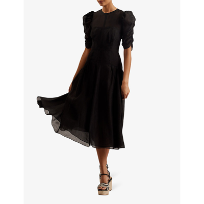 Shop Ted Baker Tatsu Puff-sleeve Woven Midi Dress In Black