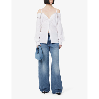 Shop Good American Womens White001 Off-the-shoulder Cotton-blend Shirt