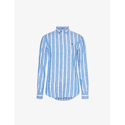 Shop Polo Ralph Lauren Women's 1624 Blue White Stripe-pattern Relaxed-fit Linen Shirt