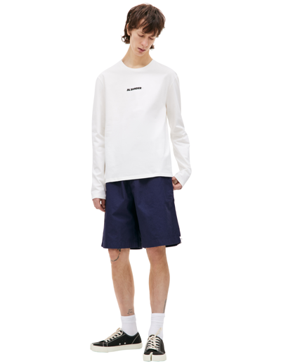 Jil Sander Long-sleeved Cotton T-shirt With Black Front Printed Logo In White