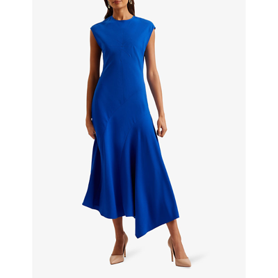 Shop Ted Baker Women's Mid-blue Isparta Asymmetric-hem Woven Midi Dress