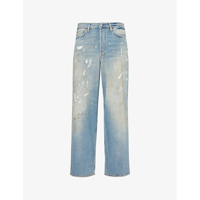 Shop Acne Studios Men's Light Blue Paint-splattered Faded-wash Wide-leg Jeans