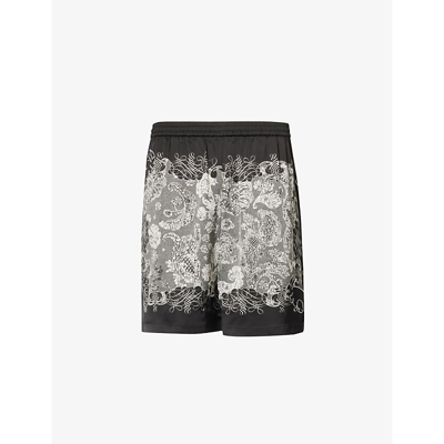 Shop Acne Studios Mens Black/ecru Printed-pattern Relaxed-fit Satin Shorts