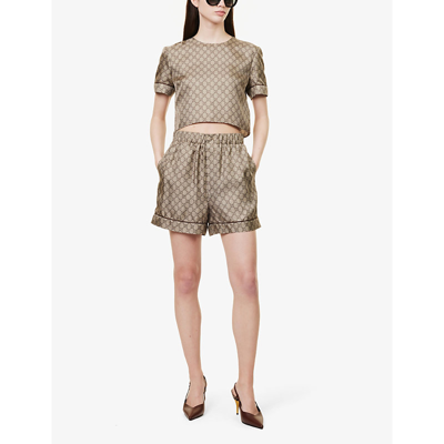 Shop Gucci Women's Camel Ebony Mix Monogram-pattern High-rise Silk Shorts