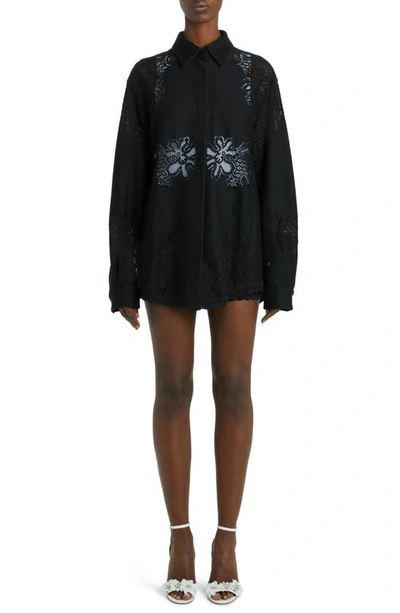 Shop Valentino Floral Pointelle Long Sleeve Cotton Blend Shirt In Nero