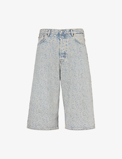 Shop Acne Studios Men's Blue/beige Textured-pattern Brand-patch Denim Shorts