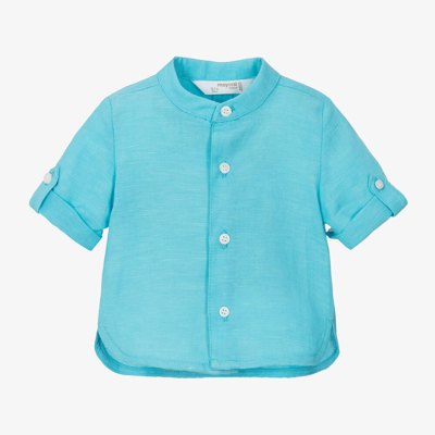 Shop Mayoral Newborn Baby Boys Blue Linen & Cotton Shirt