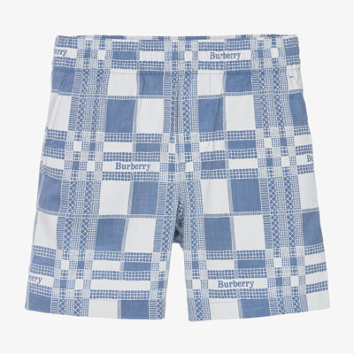 Shop Burberry Boys Blue Cotton Check Shorts