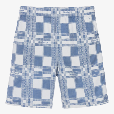 Shop Burberry Teen Boys Blue Cotton Check Shorts