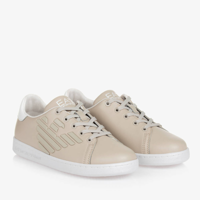 Shop Ea7 Emporio Armani Teen Beige Leather Lace-up Trainers