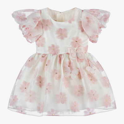 Shop Junona Baby Girls Ivory Floral Organza Dress In Pink