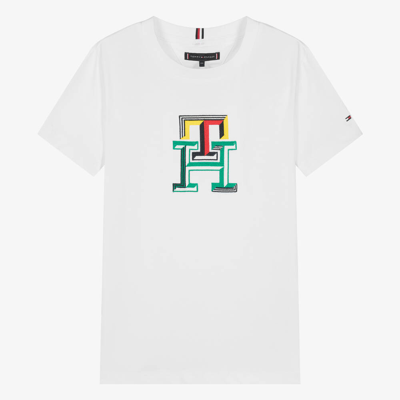 Shop Tommy Hilfiger Teen Boys White Monogram Cotton T-shirt