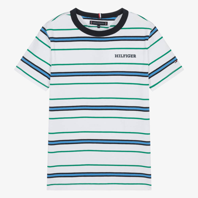 Shop Tommy Hilfiger Teen Boys White Striped Cotton T-shirt