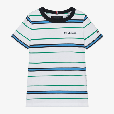 Shop Tommy Hilfiger Boys White & Blue Cotton Stripe T-shirt